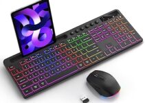 Wireless Keyboard and Mouse Combo with Backlit – Soueto Full Size Ergonomic Keyboard with Phone Tablet Holder, 2.4GHz Lag-Free Silent Computer Mouse for PC, Laptop, MacBook, Windows