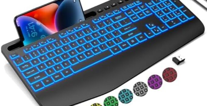 Trueque Wireless Keyboard with 7 Colored Backlits, Wrist Rest, Phone Holder, Rechargeable Ergonomic Keyboard with Silent Light Up Keys, Cordless Computer Keyboard for Windows, Mac, PC, Laptop (Black)