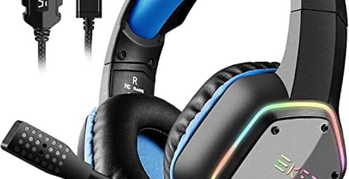 EKSA E1000 Gaming Headset, Computer Headphones with Noise Canceling Mic & RGB Light, 7.1 Surround Sound, Compatible with PC, PS4 PS5 Console, Laptop (Blue)