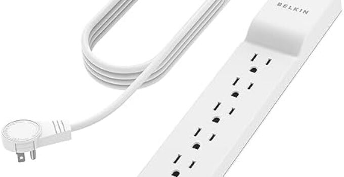 Belkin Power Strip Surge Protector – 6 AC Multiple Outlets – Flat Rotating Plug, 8 ft Long Heavy Duty Extension Cord for Home, Office, Travel, Computer Desktop & Charging Brick – White (720 Joules)