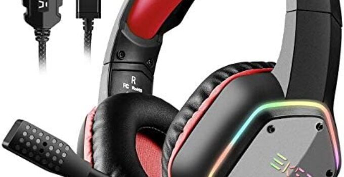 EKSA E1000 Gaming Headset, Computer Headphones with Noise Canceling Mic & RGB Light, 7.1 Surround Sound, Compatible with PC, PS4 PS5 Console, Laptop (Red)