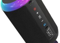 GEEKTOP 20W Portable Bluetooth Speaker Waterproof IPX7 Wireless Speakers with Deep Bass, LED Lights, TWS Pairing for Party/Home/Outdoor/Beach, Birthday Gift (Black)