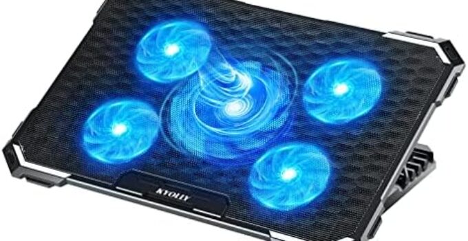 KYOLLY Upgrade Laptop Cooling Pad,Gaming Laptop Cooler with 5 Quiet Fans,2 USB Ports,5 Adjustable Stand Height,Blue LED Lights,for 15.6 Inch Laptops