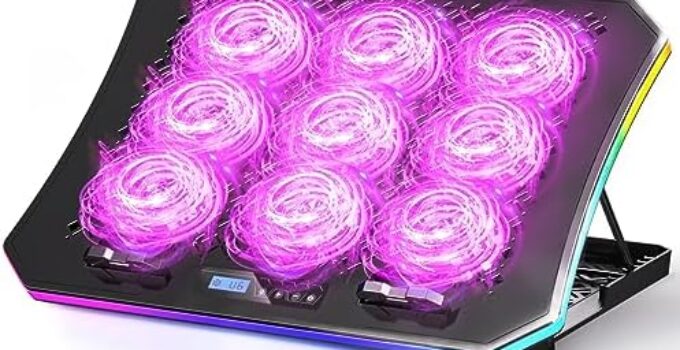 KeiBn Laptop Cooling Pad, Gaming Laptop Fan Cooling Pad with 9 Quiet Fans, RGB Laptop Cooler for 15.6-17.3 Inch, Cooling Pad for Laptop with 7 Height Stands, 2 USB Ports, Phone Stand-Purple