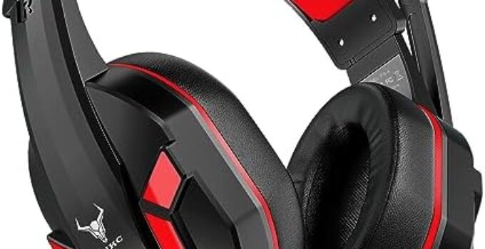 Kikc PS4 Gaming Headset with Mic for Xbox One, PS5, PC, Mobile Phone and Notebook, Controllable Volume Gaming Headphones with Soft Earmuffs for Kid (Red)