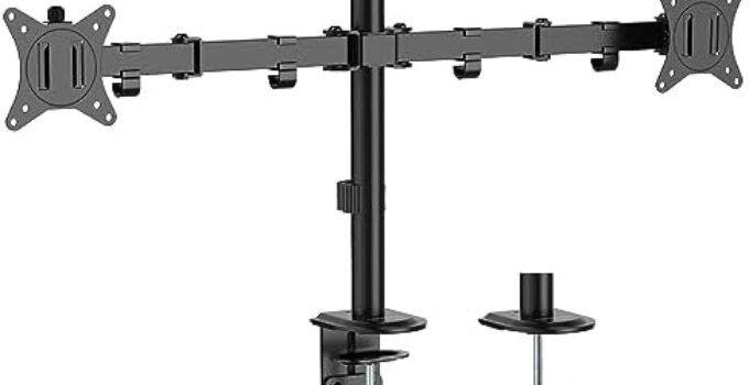 Mount-It! Dual Monitor Desk Mount, Dual Monitor Arm Fits 2 Monitors max. 32″ / 19.8 lbs, Full Motion Adjustment Monitor Mount with C-Clamp and Grommet, Swivel, Tilt, Rotation, VESA 75 & 100, Black