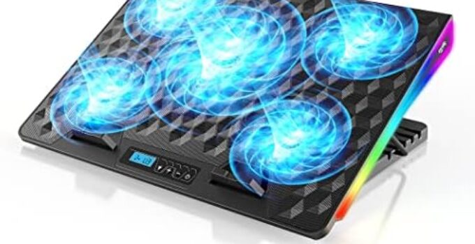 PPFK Laptop Fan Cooling Pad, RGB Laptop Cooler Pad with 5 Cooling Fans, Cooling Pad for Gaming Laptop 15-17.3 Inch, Laptop Cooling Stand with 5 Height Adjustable, 10 Modes Light & 2 USB Ports