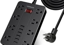 Power Strip with 6 USB,HUNIAN 5 Ft Extension Cord Flat Plug with 8 Widely Spaced Outlets Overload Protection Indoor Desk Charging Station Surge Protector for Home and Office Accessories, Black