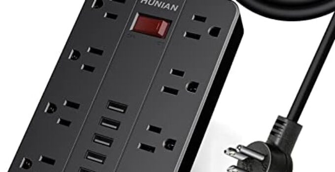 Power Strip with 6 USB,HUNIAN 5 Ft Extension Cord Flat Plug with 8 Widely Spaced Outlets Overload Protection Indoor Desk Charging Station Surge Protector for Home and Office Accessories, Black