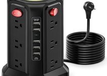 Surge Protector Power Strip Tower with 5 USB Ports and Night Light, 10FT Extension Cord with 12 AC Multiple Outlets, PASSUS Power Tower, Overload Protection for Home Office Dorm Room (Black)