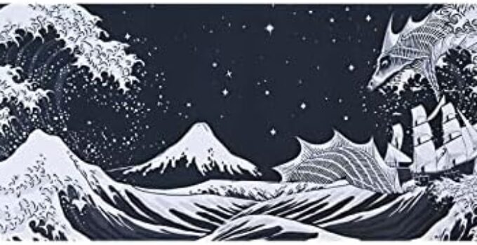31.4″x11.8″Extended Large Gaming Mouse Pad, XL Large Non-Slip Rubber Base Mousepad with Stitched Edges,Waterproof Keyboard Mouse Mat Desk Pad,Japanese Sea Wave,Black and White Tones