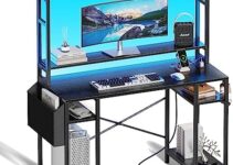 47 inch Computer Desk with Adjustable Shelves, Gaming Desk with LED Lights & Power Outlets, Home Office Desk with Monitor Stand, Hooks & CPU Stand, Black