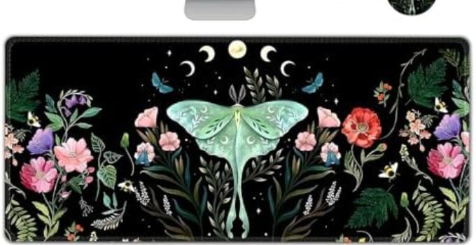 AIMSA Large Gaming Mouse Pad Set, Keyboard Wrist Rest Support+ Extended Mousepad+ Mouse Wrist Cushion+Coaster, Ergonomic Multifunctional Desk Mat 35×15.7in, Butterfly Flowers Moon Phases