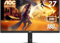 AOC Q27G4XN 27″ Gaming Monitor, 2K QHD 2560×1440, 180Hz 1ms, Adaptive-Sync, Height Adjustable, 2X HDMI 2.0, 1x Display Port, Xbox/PS5/Switch Ready, 3-Year Zero-Bright-dot