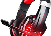 BlueFire Stereo Gaming Headset for PS4, PS5, PC, Xbox One, Noise Cancelling Over Ear Headphones with Mic, LED Light, Bass Surround, Soft Memory Earmuffs for Laptop Nintendo Switch (Black-Red)