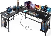 Coleshome 59″ L Shaped Gaming Desk with Outlet, L Shaped Desk with CPU Stand, Corner Computer Desk, Home Office Desk, Writing Desk, Black