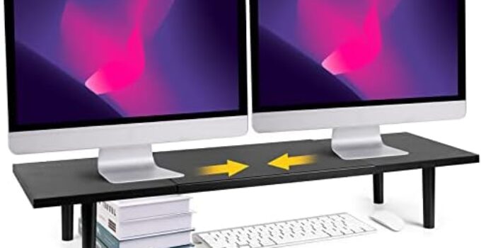 Dual-Monitor-Stand-Riser-For-Desk Adjustable Length 32-40 Inch，Large Desktop Computer Monitor Riser For 2 Screens，Desk Shelf Organizer Riser Stand For Computer/Laptop/PC/Printer/TV Black