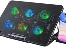 LIANGSTAR Laptop Cooling Pad, Laptop Cooler with 6 Quiet Fans 7 Color Light for 12-17 Inch Notebook Gaming Fan Stable Stand, 7 Height & Wind Speed Adjustable, 2 USB Port & Phone Holder
