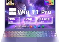 Latest 16″ Purple Laptop-12th Gen Alder Lake N95 CPU, 12G LPDDR5 RAM, 512G NVMe SSD (Expandable to 4T+512G SD), Win 11 Pro/Office 2019, 2K FHD IPS+ Color Backlit KB, Perfect for Game/Work/Study