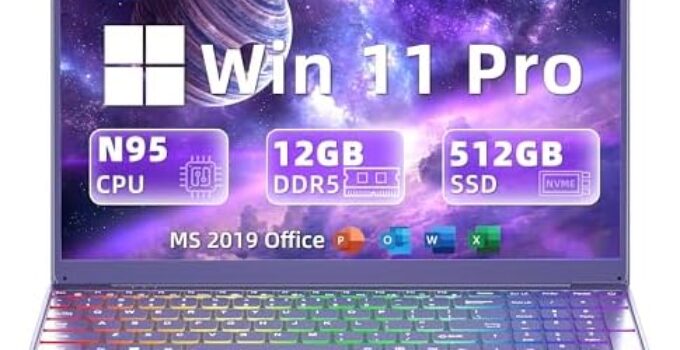 Latest 16″ Purple Laptop-12th Gen Alder Lake N95 CPU, 12G LPDDR5 RAM, 512G NVMe SSD (Expandable to 4T+512G SD), Win 11 Pro/Office 2019, 2K FHD IPS+ Color Backlit KB, Perfect for Game/Work/Study