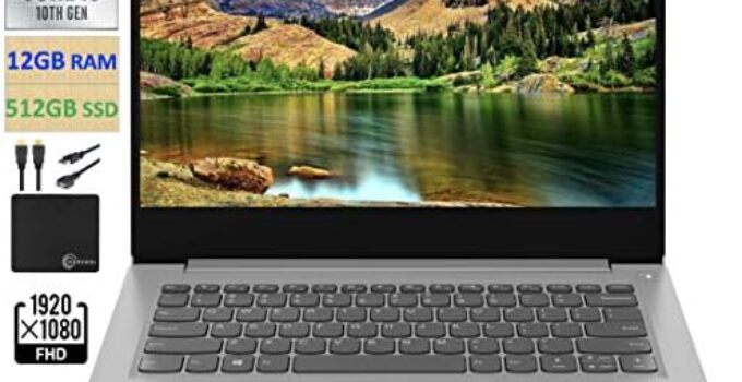 Lenovo 2021 Newest IdeaPad 3 14″ FHD Screen Laptop Computer, Intel Quad-Core i5-1035G1 Up to 3.6GHz (Beats i7-8550U), 12GB DDR4 RAM, 512GB PCI-e SSD, Webcam, WiFi, HDMI, Windows 10 + Marxsol Cables