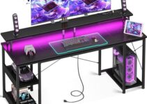 ODK 55 inch Gaming Desk with LED Lights & Power Outlets, Computer Desk with Monitor Stand & Storage Sheves, CPU Stand, Home Office Desk, Black