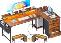 ODK 63″ Reversible L Shaped Computer Desk with 4-Tier Fabric Drawers, Gaming Desk with LED Lights & USB Power Outlets & Charging Port & CPU Stand & Monitor Stand for Home Office Workstation, Vintage