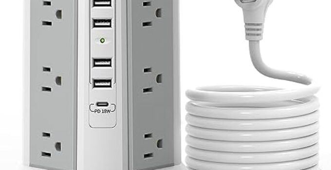 PASSUS 1625W|13A Power Strip with USB C Port, Sugre Protector Tower with Multiple Outlets, 10FT Cord Flat Plug Overload Proetction for Home Office Dormroom Essentials