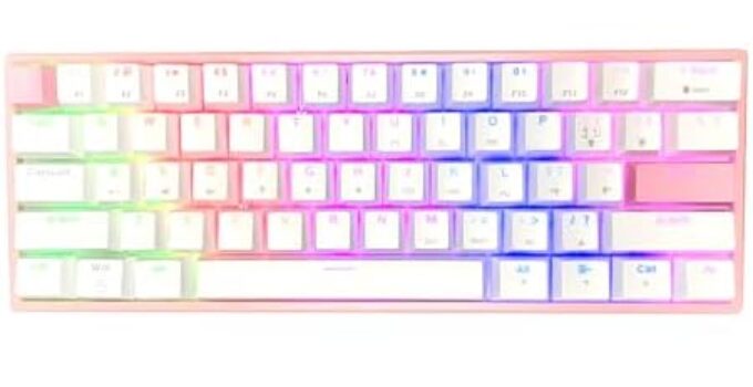 Portable 60% Mechanical Gaming Keyboard LED Backlit Compact 61 Keys Mini Wired Office Keyboard with Blue Switch PBT Keycaps for Windows Laptop PC Mac.（White/Pink）