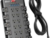 Power Strip Surge Protector, SUPERDANNY 15Ft Long Extension Cord with 6 USB Charging Ports and 22 AC Outlets, 1875W/15A, 2100 Joules, Flat Plug Power Outlet for Home, Office, Dorm, Gaming Room, Black