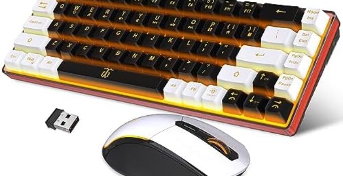 Snpurdiri 60% Wireless Gaming Keyboard and Mouse Combo,Orange Backlit Rechargeable 2000mAh Battery,Mini Mechanical Feel Anti-ghosting Keyboard + 6D 3200DPI Mouse for Gaming, Office(Black-White)