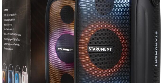 Starument MS-PB55 Party Speaker – Wireless Portable Speaker with Loud HiFi Sound, LED Lights, Cool Unique Design – IPX5 Waterproof, Rechargeable 3600mAh Battery – Compact Home & Outdoor Travel Speaker
