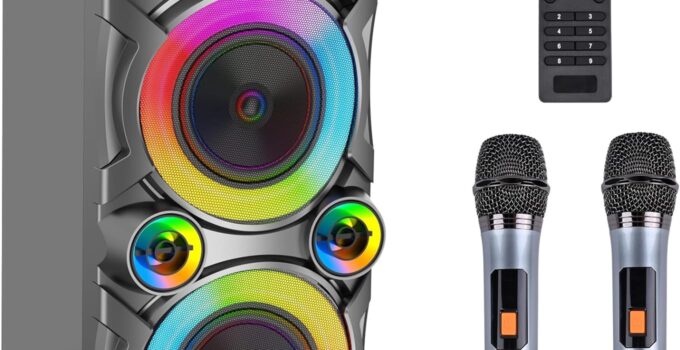 TYOTY Karaoke Machine with 2 Wireless Microphones, Portable PA System Big Bluetooth Speaker with LED Lights, Remote Control Support Bass/Treble Adjustment, TF Card/USB, REC for Adult Kids Home Party