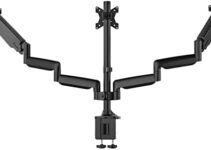 UPGRAVITY Triple Monitor Stand, 3 Monitor Desk Mount for Three Flat/Curved Computer Screens up to 32”, Heavy-Duty Double C-Clamp Base, Fully Adjustable Gas Spring Monitor Arms Hold up to 30.9lbs Each