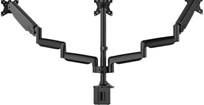 UPGRAVITY Triple Monitor Stand, 3 Monitor Desk Mount for Three Flat/Curved Computer Screens up to 32”, Heavy-Duty Double C-Clamp Base, Fully Adjustable Gas Spring Monitor Arms Hold up to 30.9lbs Each