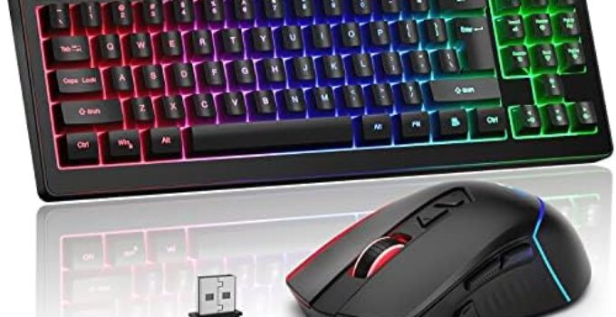 Wireless Gaming Keyboard and Mouse Combo, Long Lasting Rechargeable Battery 87 Keys RGB Rainbow Backlit Gaming Keyboard & Ergonomic Light Up Gaming Mice for Mac Laptop Computer PC Gamer