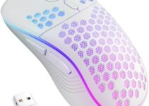 Wireless Gaming Mouse Honeycomb 2.4G USB Cordless Mouse RGB Rechargeable PC Game Mice with 7-Color LED Lights，3 Adjustable DPI for Windows Laptop Desktop Computers -White