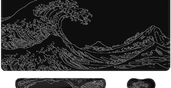 iCasso Black Gaming Mouse Pad with Wrist Rest, 3in1 Large Desk Mat + Keyboard Wrist Rest+Mouse Wrist Rest, Easy Typing Pain Relief, (35.4×15.7 in) XXL Ultra Thick Mousepad (Black Wave of Kanagawa)