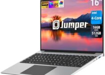 jumper 16″ Laptop Computer, 12th Intel N100 CPU Up to 3.4GHz, 16GB DDR5 RAM, 512GB SSD Laptops with 1200P FHD IPS Display, 38WH Battery, Cooling System, 4 Stereo Speakers, Expandable 256GB TF Card.