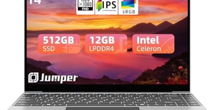 jumper Laptop, 12GB LPDDR4 RAM 512GB SSD, Intel Celeron Quad-Core Processor, 14 Inch 1080p FHD IPS Display, UHD Graphics 600, Laptops Computer with Dual Stereo Speakers, Type-C, 2.4G/5G WiFi.