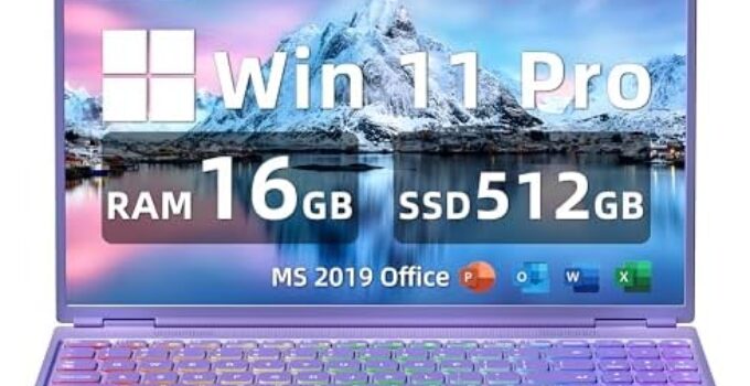 【Win 11 Pro/Office 2019】 16″ Laptop Ultra-Narrow bezels 2.5K FHD(2560×1600) IPS Screen, Celeron N5095,16G RAM, 512GB SSD, Color Backlit KB, Fingerprint Reader, Type-C, HDMI(16G+512GB SSD, Purple)