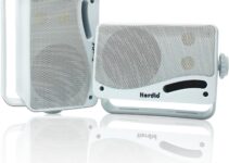 Herdio 3.5″ Outdoor Bluetooth Speakers Waterproof, 200W 3 Way Upgrade Premium Wall Mount Speakers, Durable Mountable Loud Sound System for Patio Indoor Deck Garage (White Pair)