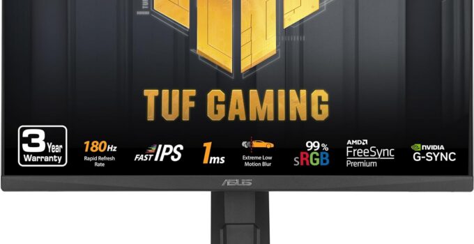 ASUS TUF Gaming 24” (23.8” viewable) 1080P Monitor (VG249QL3A) – Full HD, 180Hz, 1ms, Fast IPS, ELMB, FreeSync Premium, G-SYNC Compatible, Speakers, DisplayPort, Height Adjustable, 3 Year Warranty