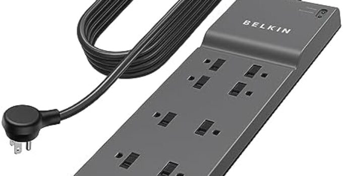 Belkin 8-Outlet Surge Protector w/ 8 AC Outlets & 8ft Long Flat Plug, UL-listed Heavy-Duty Extension Cord for Home, Office, Travel, Computer Desktop, Laptop, Phone Charger – 2,500 Joules of Protection