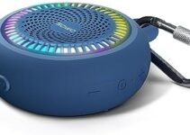 Bluetooth Shower Speaker Waterproof – Small Portable Speaker Wireless with Louder Volume and Powerful Bass – Colorful Lights and 10H Playtime – Lightweight with Carabiner and TWS – Blue