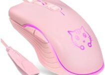 CORN Gaming Wired USB Mouse, 2400DPI 4 Adjustable Levels, Ergonomic Slient Mouse for PC/Desktop/Laptop – Pink Cat