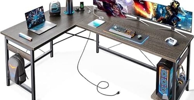 Coleshome 59″ L Shaped Gaming Desk with Outlet, L Shaped Desk with CPU Stand, Corner Computer Desk, Home Office Desk, Writing Desk, Grey Oak
