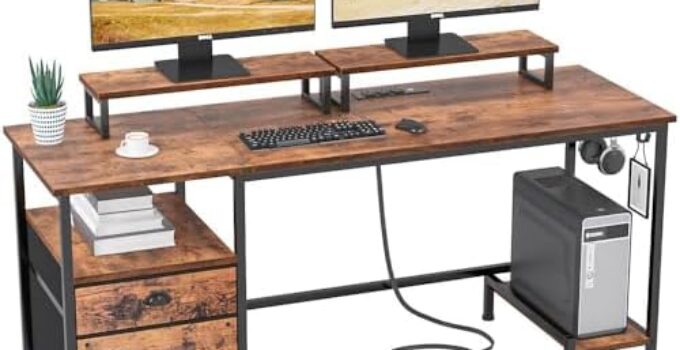 Furologee Desk with Drawer and Power Outlets, 55″ Large Compter Desk with Fabric File Cabinet and 2 Movable Monitor Shelf, Writing Gaming Table with CPU Stand and 2 Hooks for Home Office, Rustic Brown