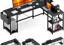 GIKPAL L Shaped Gaming Desk, Reversible Computer Desk with Movable Monitor, Storage Shelf, 95” Long Corner Desk for Home Office Work Study Writing Desk (Modern Black)