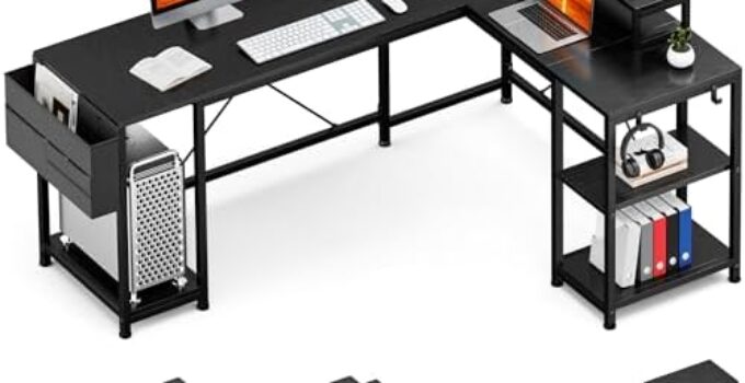 GIKPAL L Shaped Gaming Desk, Reversible Computer Desk with Movable Monitor, Storage Shelf, 95” Long Corner Desk for Home Office Work Study Writing Desk (Modern Black)